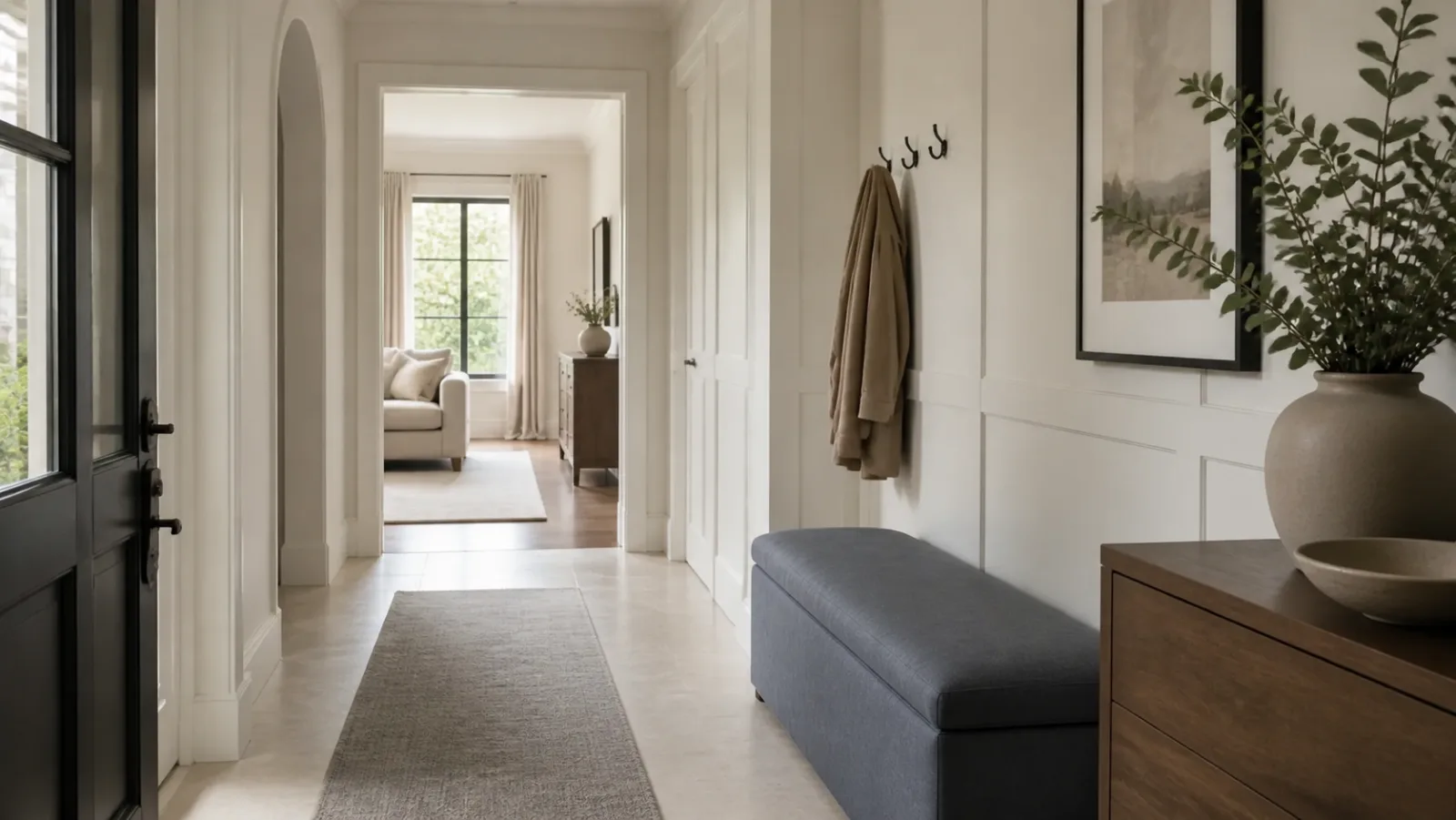 Blue Gray Seat Transitional Entryway & Hallway