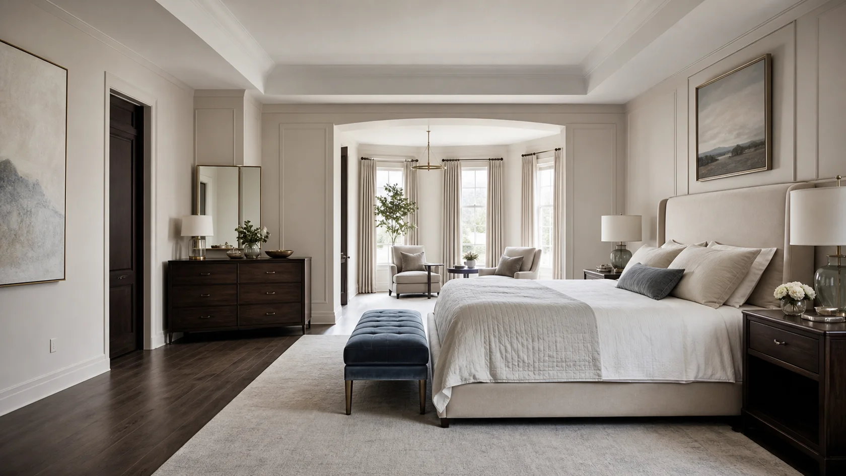 Blue Gray Bench Transitional Glam Bedroom