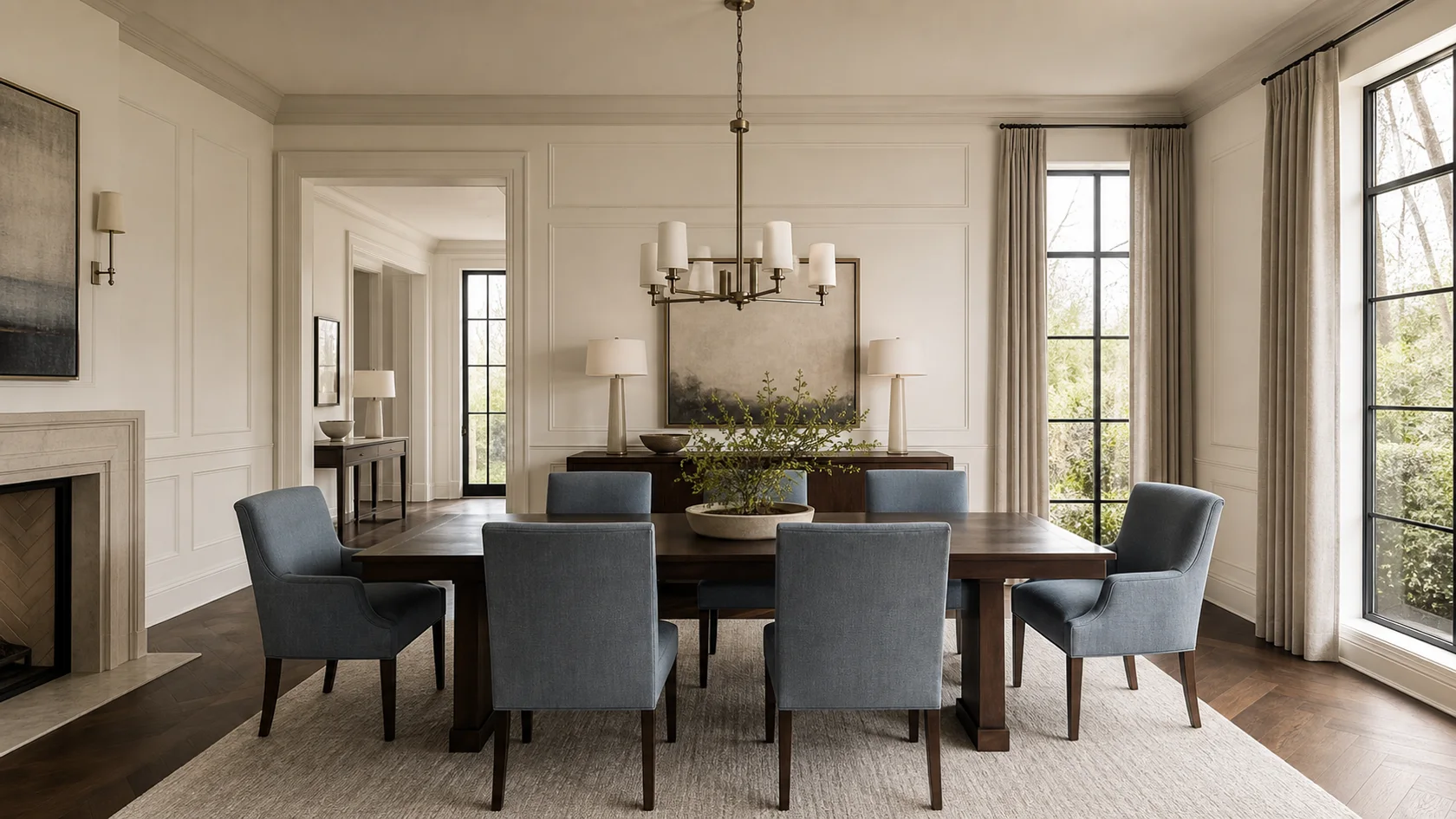 Blue Gray Chairs Transitional Glam Dining Room
