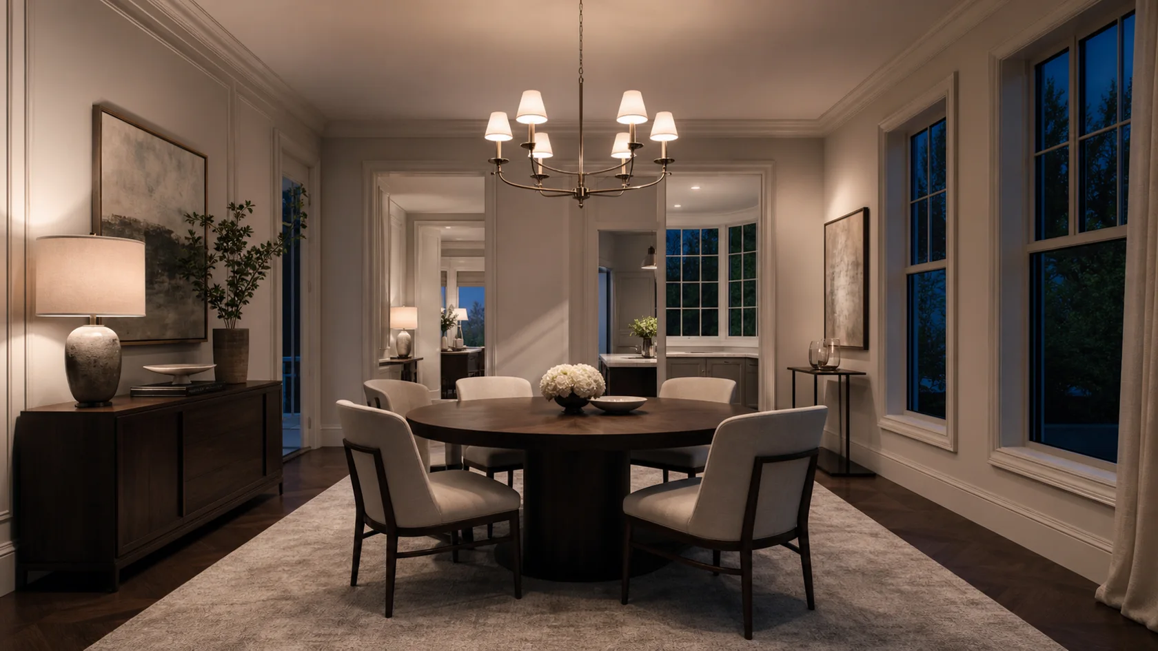 Evening Chandelier Transitional Glam Dining Room