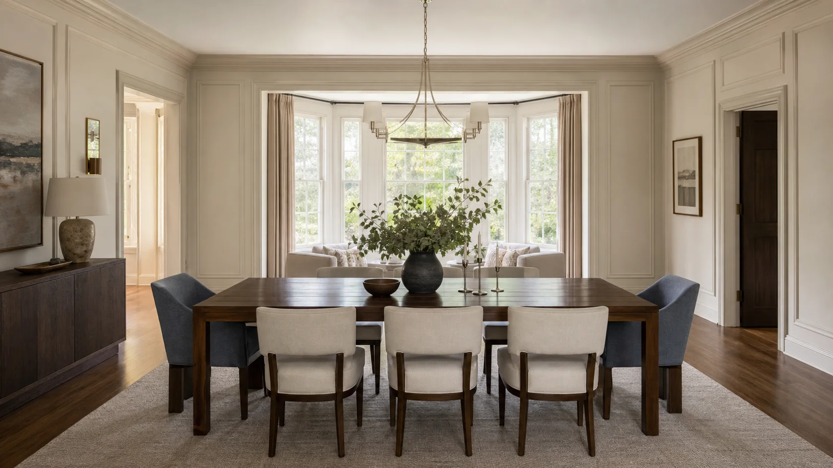 Walnut Table Transitional Glam Dining Room