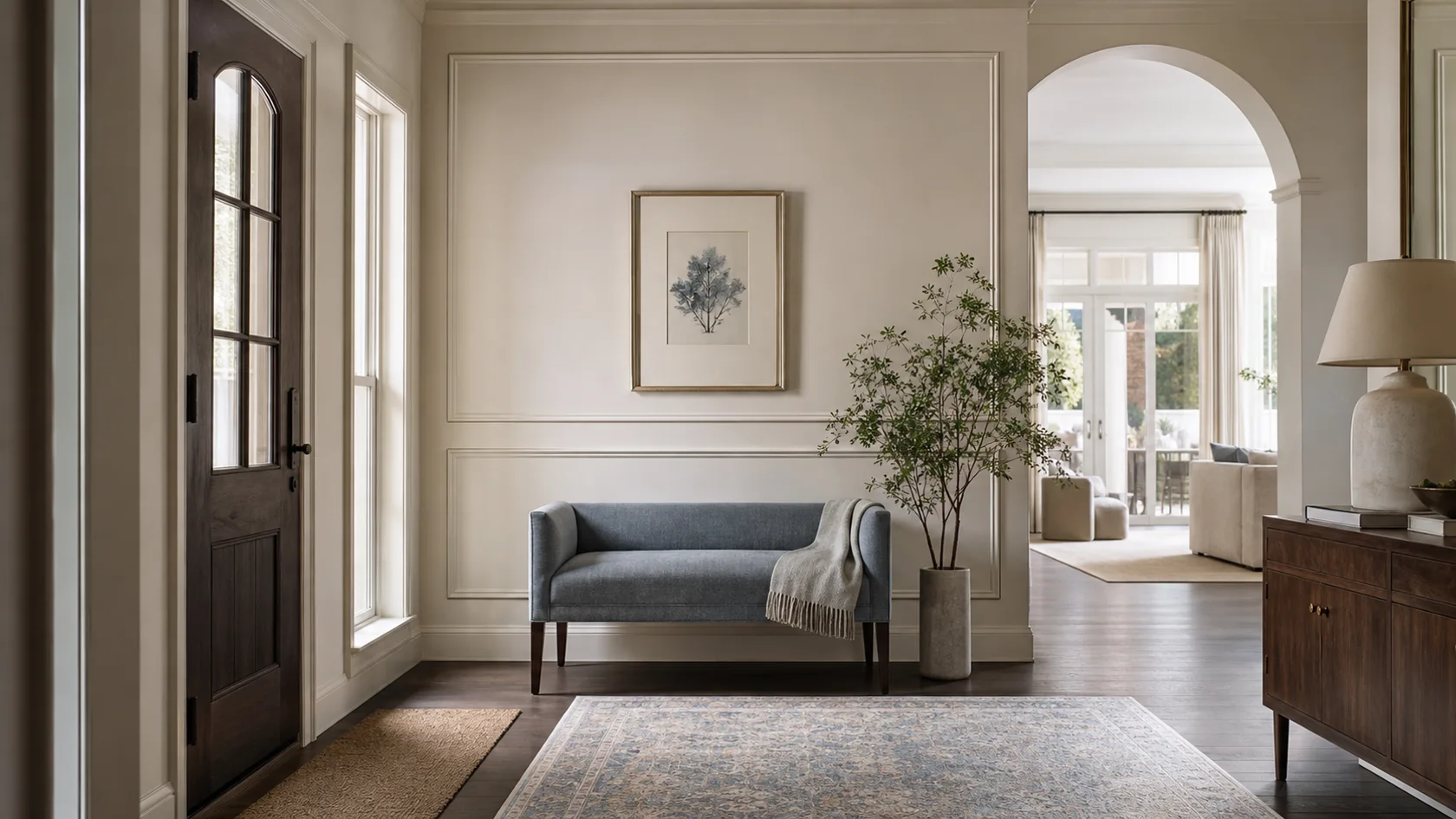 Blue Gray Bench Transitional Glam Entryway & Hallway