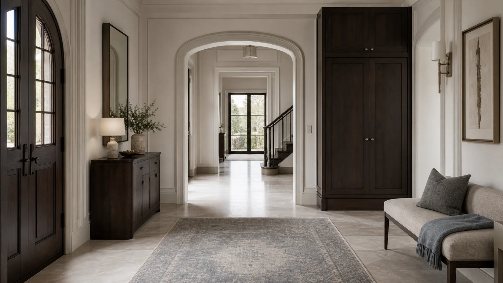 Walnut Storage Transitional Glam Entryway & Hallway