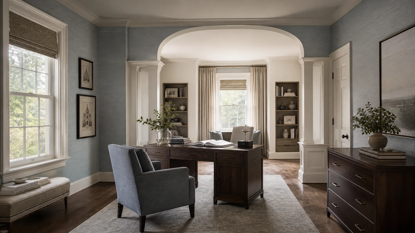 Blue Gray Study Transitional Glam Home Office