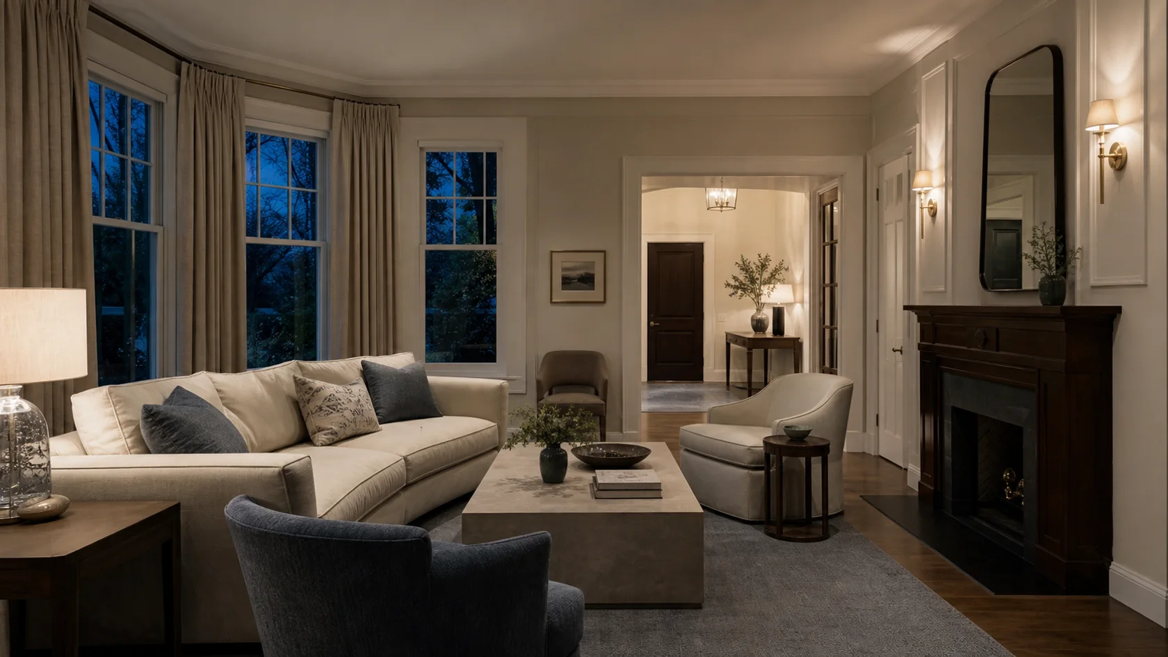 Evening Nickel Transitional Glam Living Room