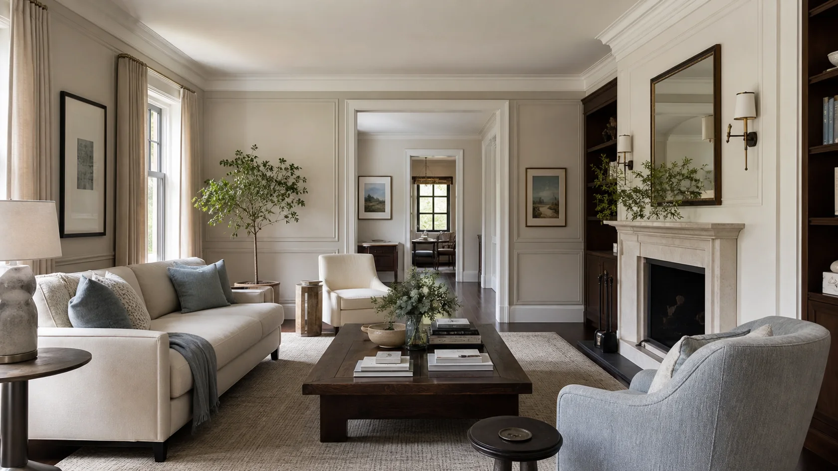 Walnut Anchor Transitional Glam Living Room