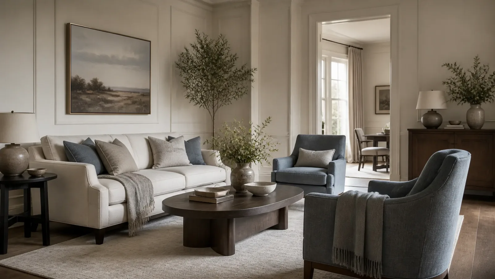 Blue Gray Layer Transitional Living Room