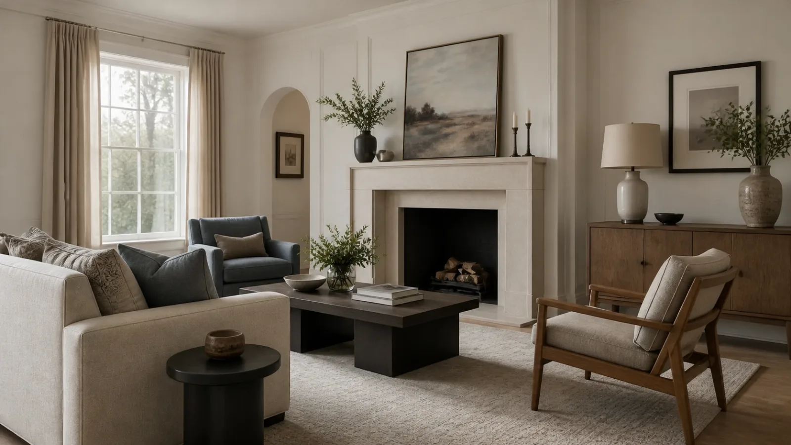 Limestone Hearth Transitional Living Room