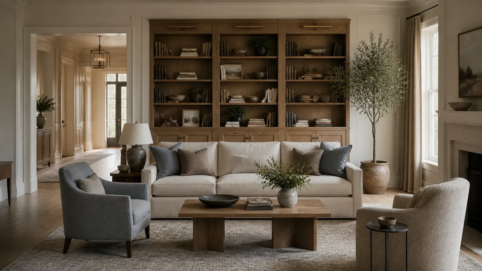 Oak Library Transitional Living Room