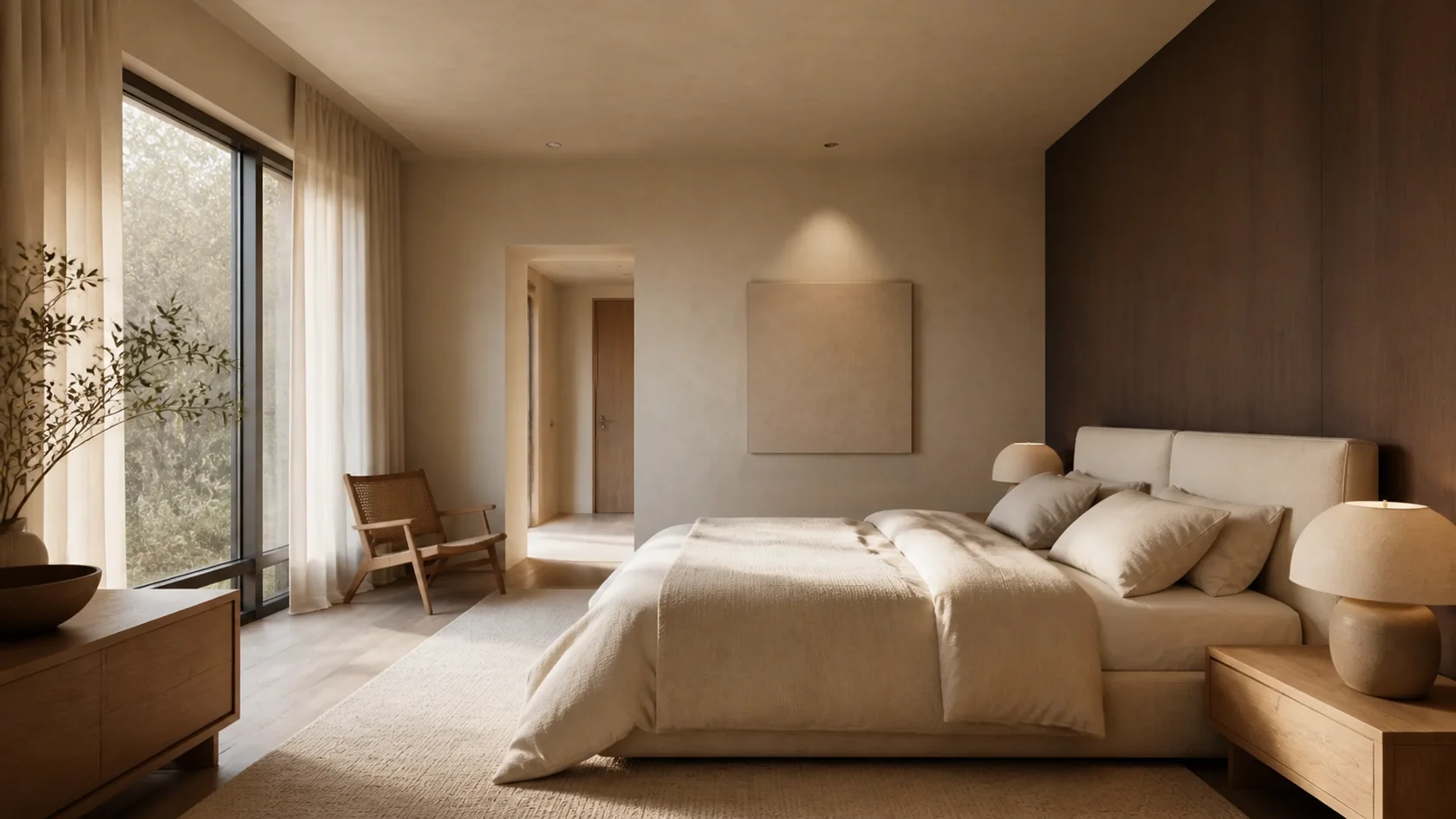 Dark Oak Warm Minimalist Bedroom
