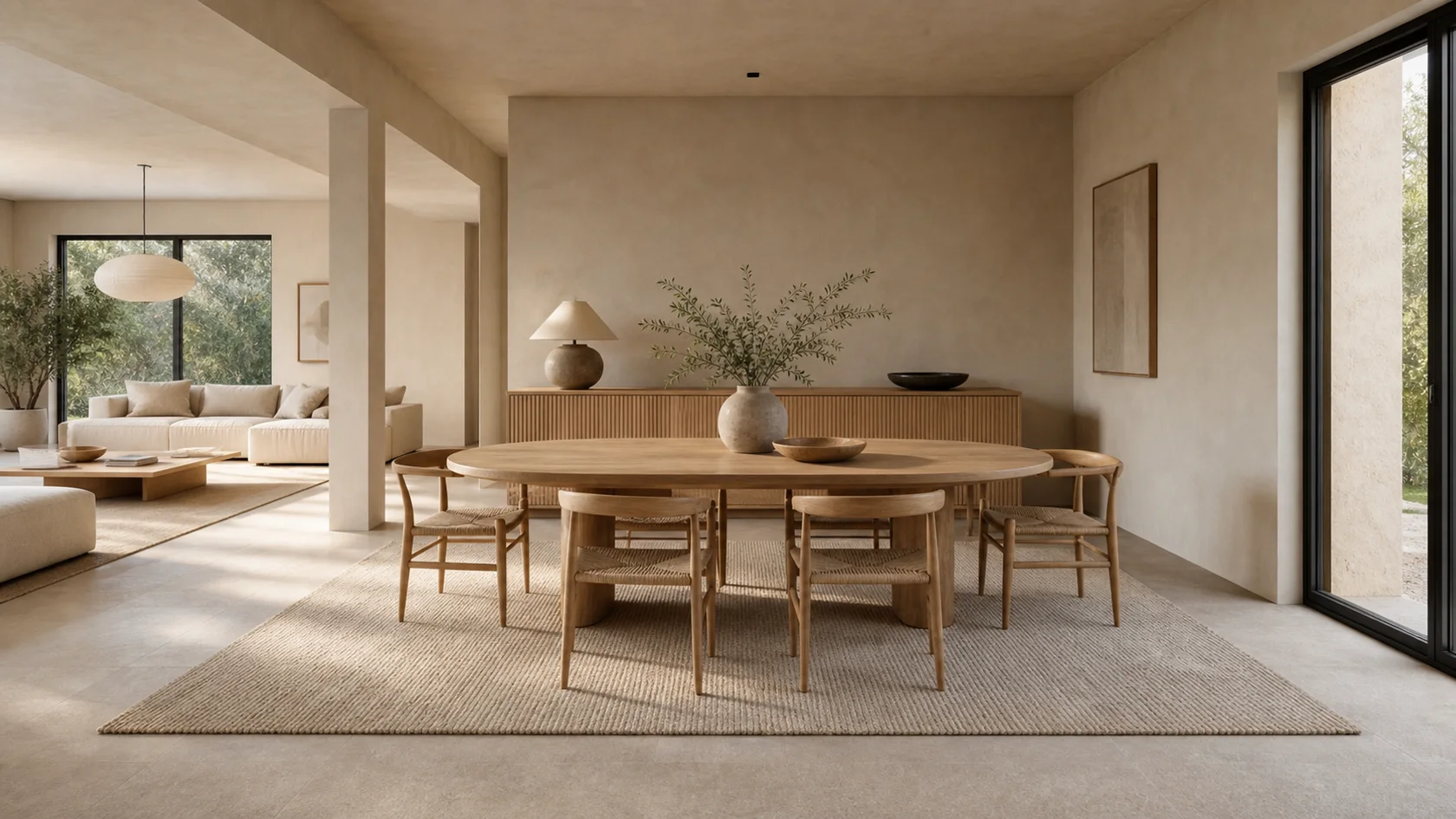 Open Plan Warm Minimalist Dining Room