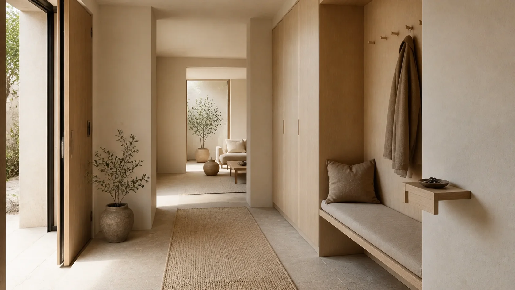 Bench Niche Warm Minimalist Entryway & Hallway