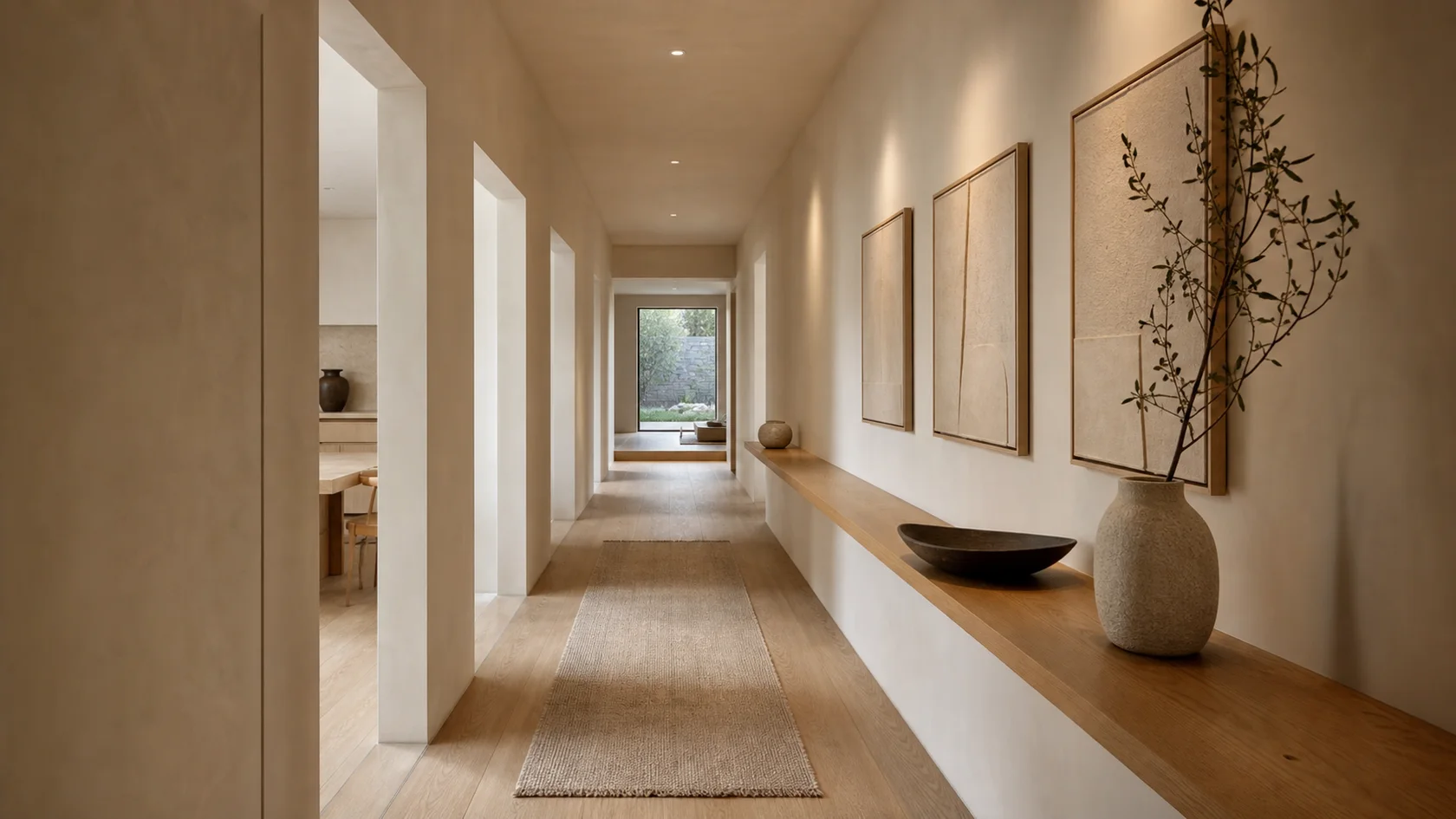 Gallery Corridor Warm Minimalist Entryway & Hallway