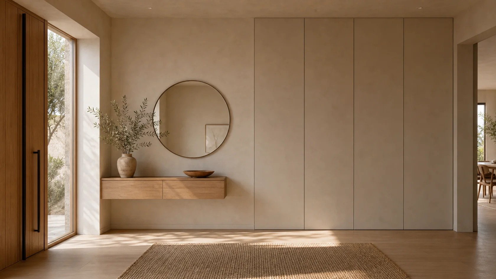 Storage Wall Warm Minimalist Entryway & Hallway