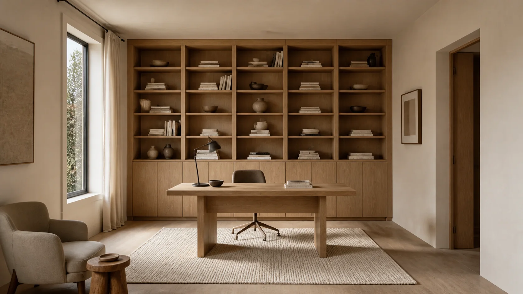 Library Wall Warm Minimalist Home Office