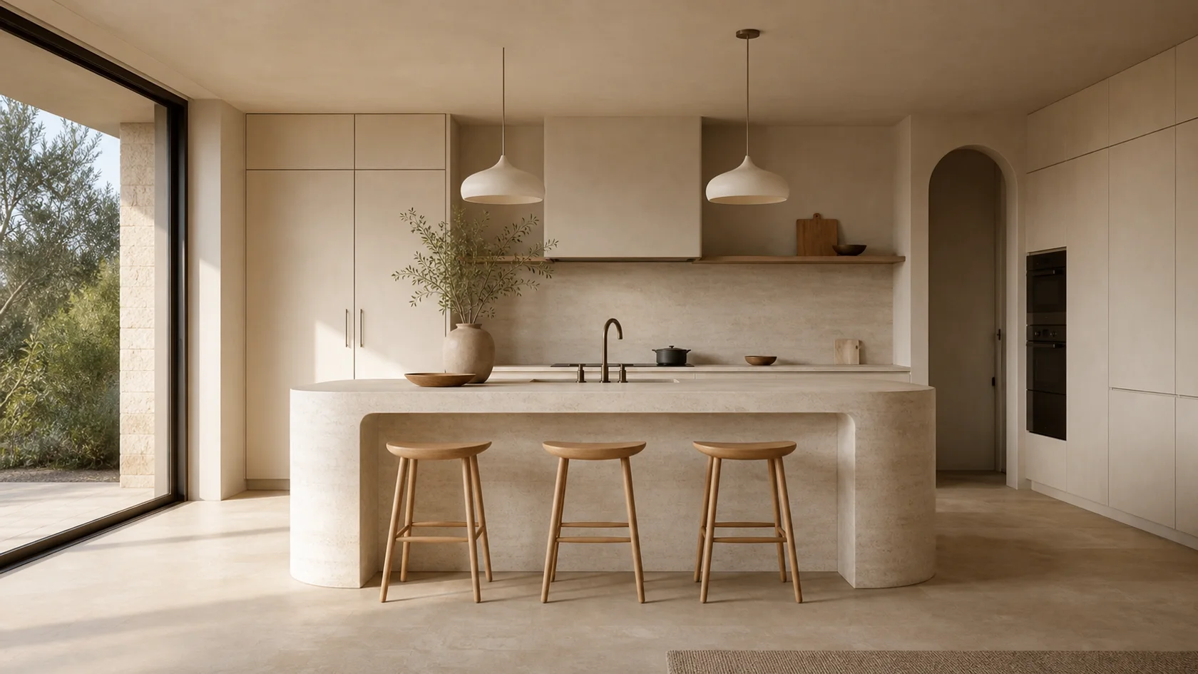 Monolithic Island Warm Minimalist Kitchen