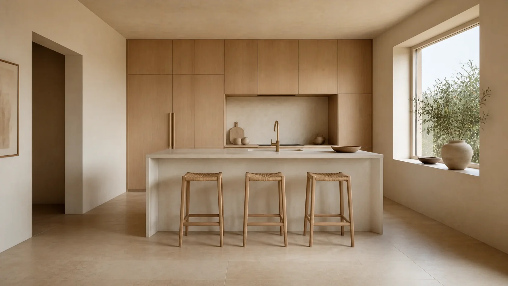 Oak Wall Warm Minimalist Kitchen